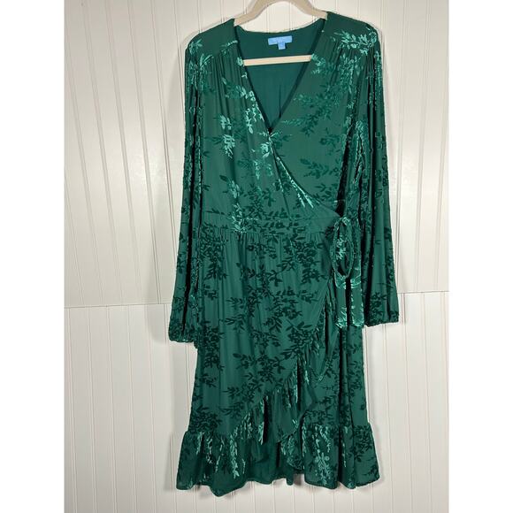 Draper James RSVP Burned Velvet Emerald Green Midi Wrap around Dress Size XL - Picture 4 of 14